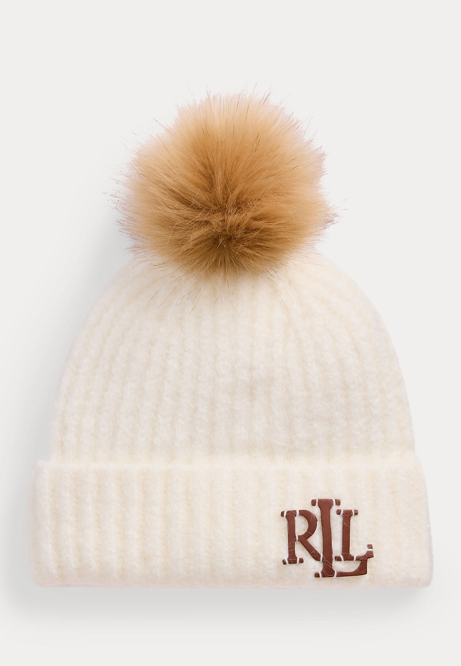 NWT Women\'s Lauren Ralph Lauren Cream Beanie with Tan Faux Fur Pom-Pom s7-1466401_lifestyle?$rl_4x5_zoom$ main image 2