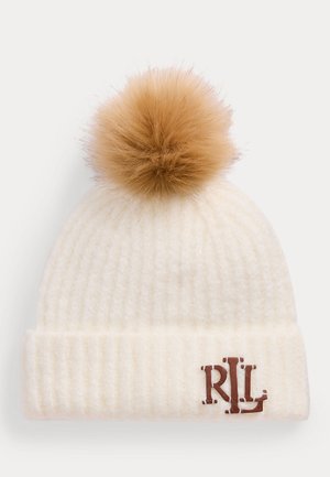 Lauren Ralph Lauren LEATHER-TRIM POM-POM RIB-KNIT BEANIE - Berretto - cream