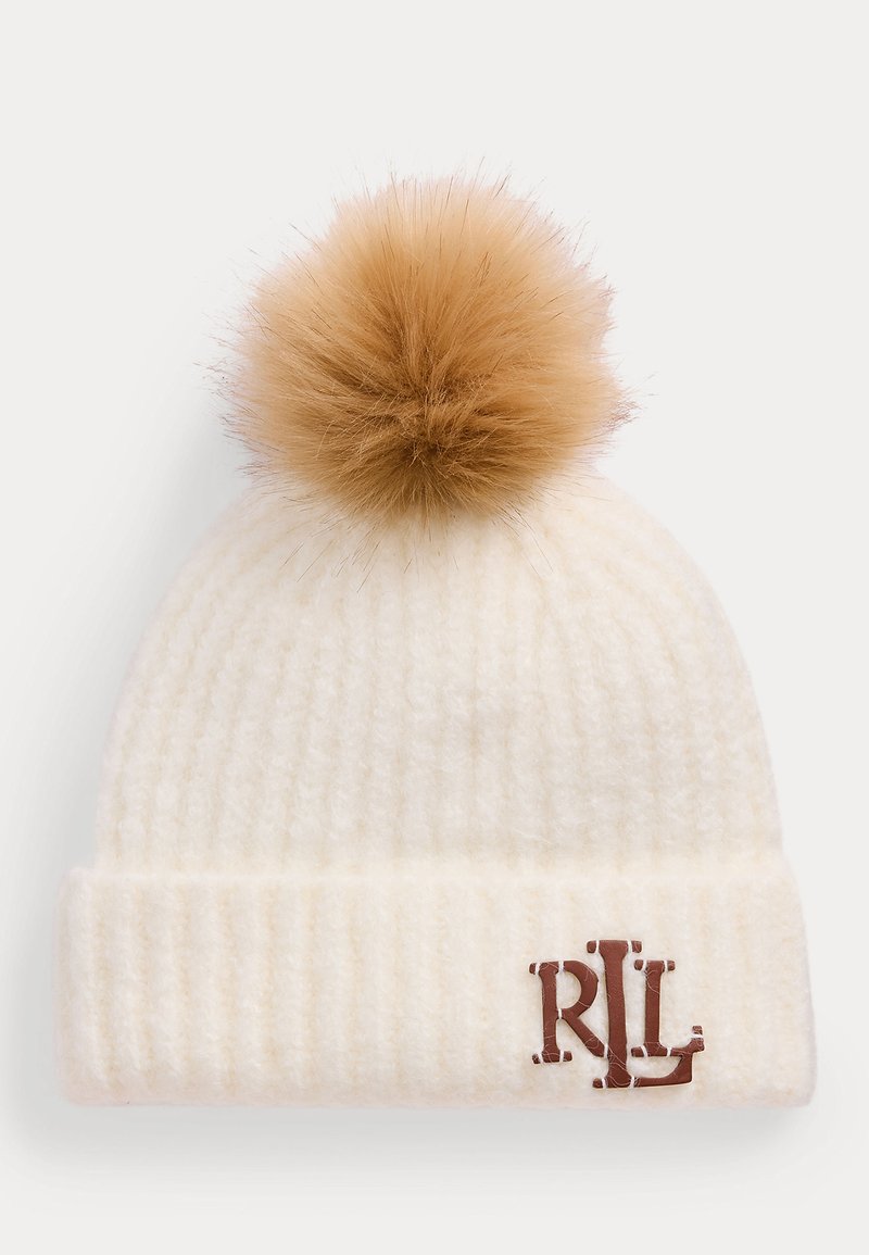 Lauren Ralph Lauren LEATHER-TRIM POM-POM RIB-KNIT BEANIE - Čiapka - cream