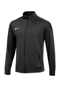 Schwarze Zip-Jacke aus glattem Material, mit hohem Kragen, langen Ärmeln, Seitentaschen und einem weißen Nike-Logo auf der Brust.