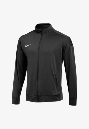 Schwarze Zip-Jacke aus glattem Material, mit hohem Kragen, langen Ärmeln, Seitentaschen und einem weißen Nike-Logo auf der Brust.