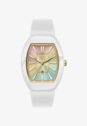 Weißes Silikonarmbanduhr mit einem runden Gehäuse, goldfarbenen Akzenten und einem schillernden, mehrfarbigen Zifferblatt mit großen Stundenmarkierungen und einem Datumsfenster.