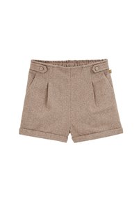 Brūni herringbone šorti ar rupjām malām, divām priekšējām kabatām un elastīgu jostasvietu ērtībai. Iezīmē dekoratīvi pogas sānos.
