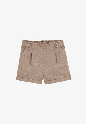 Brūni herringbone šorti ar rupjām malām, divām priekšējām kabatām un elastīgu jostasvietu ērtībai. Iezīmē dekoratīvi pogas sānos.