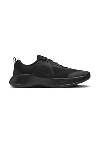 Schwarze Sportschuhe mit einem Obermaterial aus Mesh, strukturierten Akzenten und einer gepolsterten Sohle, die für Komfort und Leistung entwickelt wurden.