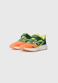 Sporty shoes featuring a mesh upper in green and orange, with a thick white sole and accent colors of yellow. Includes elastic laces and strap.