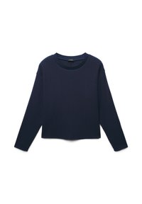 Maglione a maniche lunghe blu navy con collo rotondo, caratterizzato da una trama morbida e una vestibilità rilassata. Dettagli di polsini e orlo a coste.