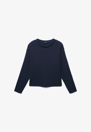 Maglione a maniche lunghe blu navy con collo rotondo, caratterizzato da una trama morbida e una vestibilità rilassata. Dettagli di polsini e orlo a coste.