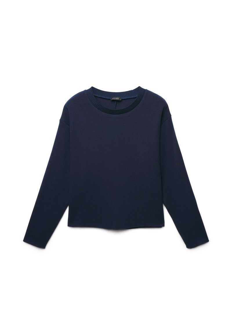 Maglione a maniche lunghe blu navy con collo rotondo, caratterizzato da una trama morbida e una vestibilità rilassata. Dettagli di polsini e orlo a coste.
