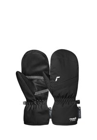 Black insulated mittens with water-resistant fabric, textured grip palm, elastic cuffs, and logo detail. Smooth surface with reinforced stitching.