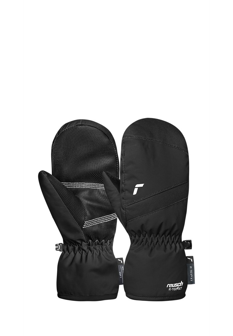 Black insulated mittens with water-resistant fabric, textured grip palm, elastic cuffs, and logo detail. Smooth surface with reinforced stitching.