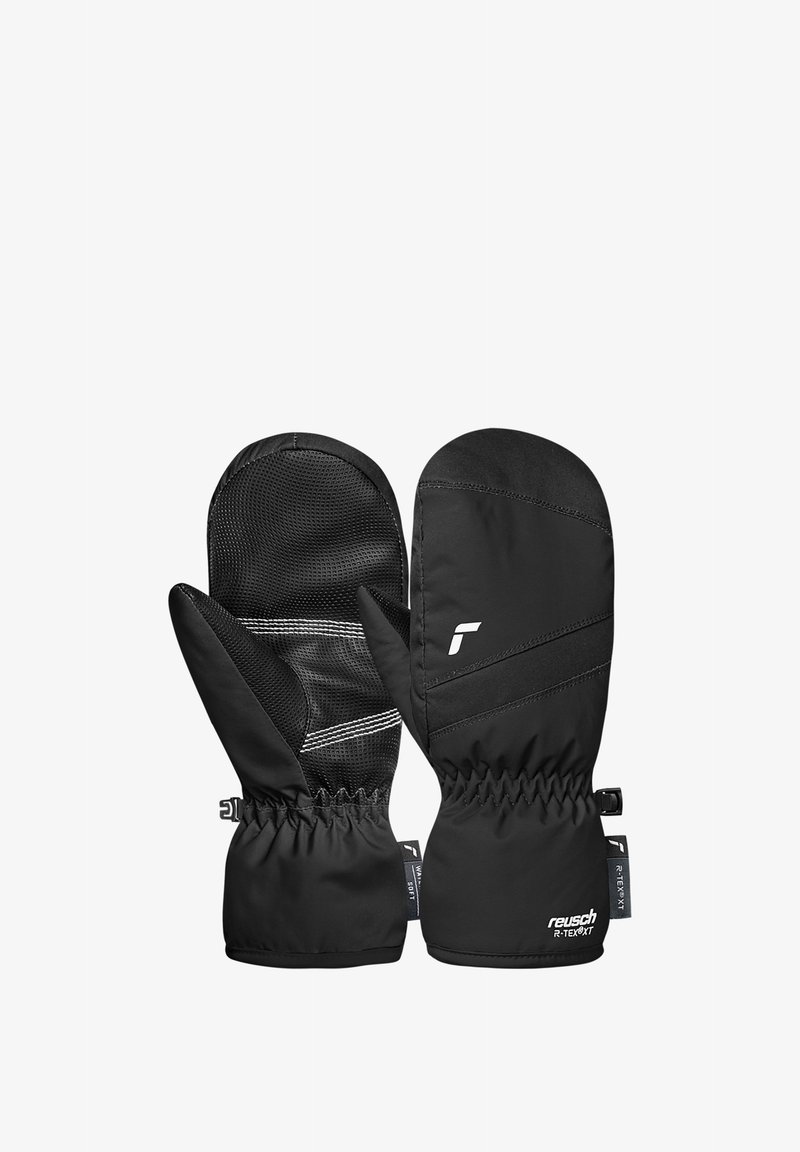 Black insulated mittens with water-resistant fabric, textured grip palm, elastic cuffs, and logo detail. Smooth surface with reinforced stitching.