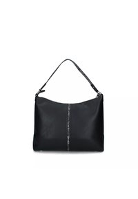 Borsa a spalla in pelle nera con una texture liscia, dotata di una tracolla con motivo geometrico e un dettaglio con zip centrale.