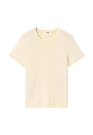 Haut en maille crème à manches courtes avec encolure ronde et bords côtelés, étiqueté Promod, posé à plat sur un fond blanc.