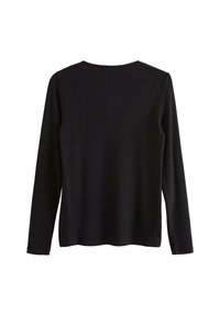 Černý top s dlouhým rukávem a kulatým výstřihem, vyrobený z žebrovaného materiálu, s jednoduchým a minimalistickým designem bez ozdob.