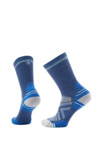 Calcetines azules con textura acanalada, detalles en gris y azul con un patrón, y rayas en azul claro en la parte superior. Área del talón y la puntera reforzada.