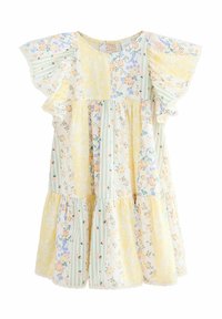 Floral en gestreepte jurk met korte mouwen in geel, groen en wit. Heeft ruches aan de mouwen en een gelaagde rok met delicate kantafwerking.