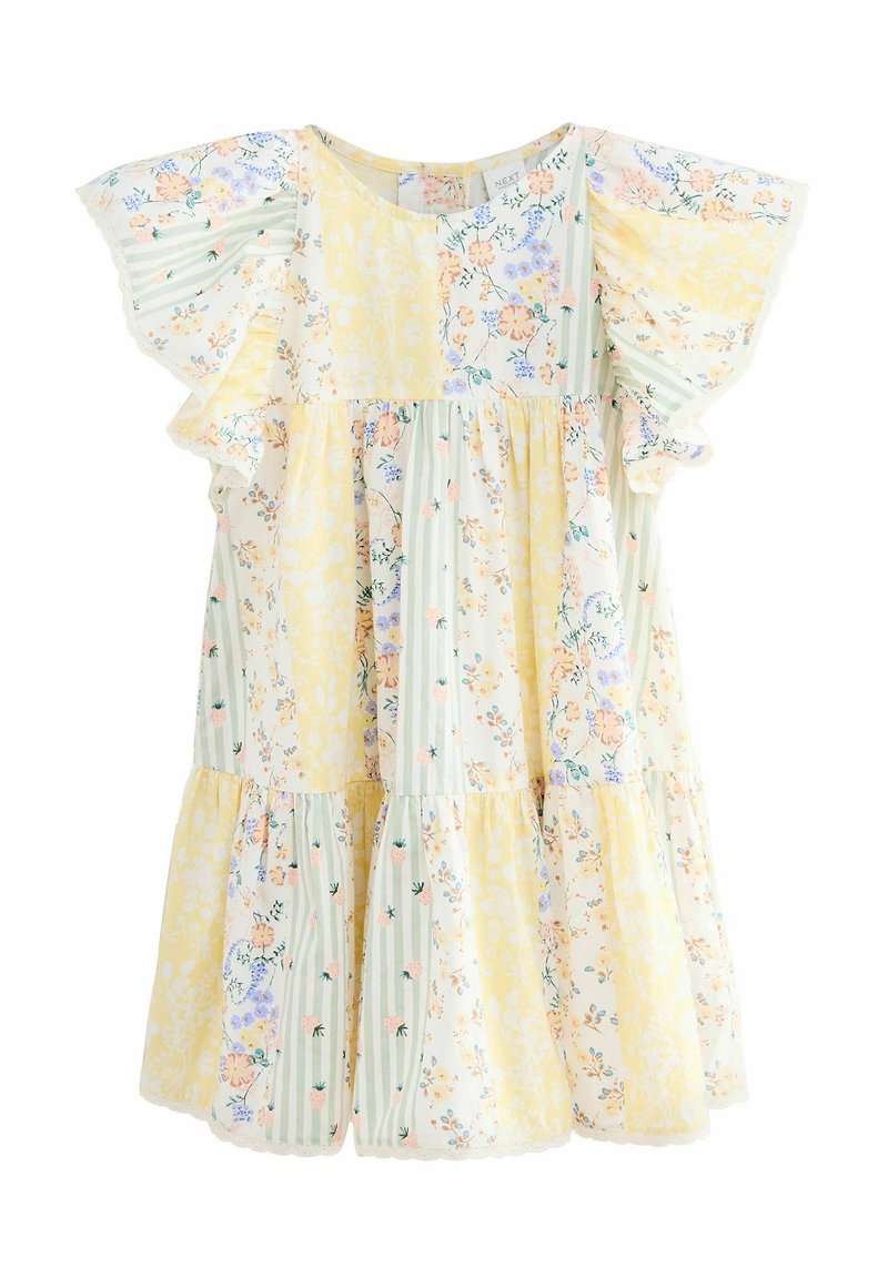 Floral en gestreepte jurk met korte mouwen in geel, groen en wit. Heeft ruches aan de mouwen en een gelaagde rok met delicate kantafwerking.