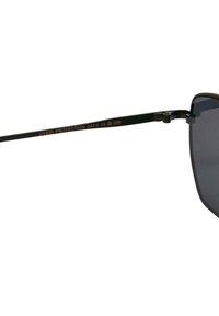 Mustad prillid tumedate läätsedega, ruudukujuline raam, metallkäed ja graveeritud detailid, millel on kirjutatud "UV400 KAITSE CAT.3". Matt viimistlus.