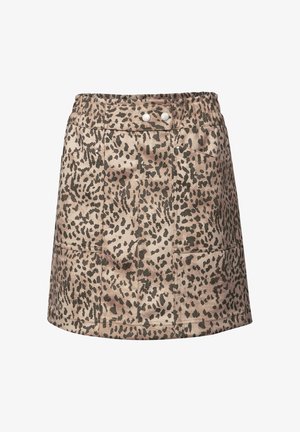 Leopardenmuster-Rock aus einem weichtexturierten Stoff. Verfügt über einen elastischen Bund, verziert mit zwei silbernen Knöpfen und Fronttaschen.