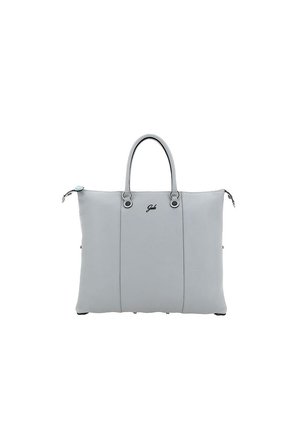 Sac fourre-tout en cuir gris clair avec double poignée, coutures verticales et petit logo centré près du haut.