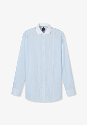 Lichtblauw herenenoverhemd met dunne witte strepen, contrasterende witte kraag, lange mouwen en een knoopsluiting aan de voorkant.