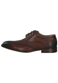 Brown leather dress shoe with a rounded toe, perforated detailing, and dark brown accents. Features laces and a low stacked heel.