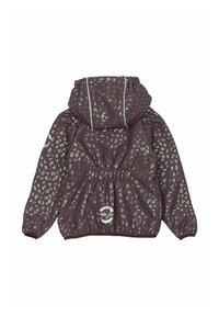 Paarse jas met bloemenprint, elastische zoom en manchetten, capuchon met trekkoord en logodetail ter hoogte van de taille. Lichtgewicht, waterdicht materiaal.