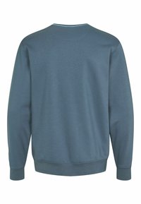 Moška dukserica iz mehkega modrega blaga, z okroglo ovratnikom, dolgimi rokavi ter rebrastimi manšetami in robom. Preprost, minimalističen dizajn.