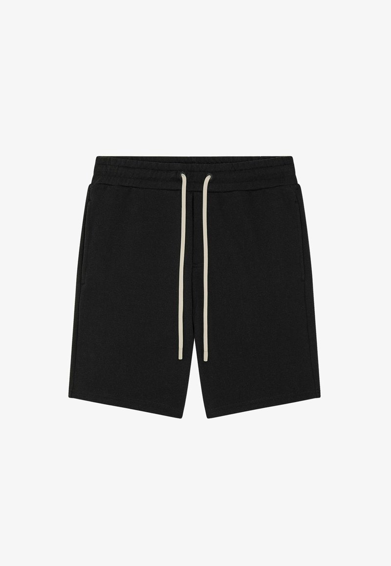 Shorts noirs en tissu jersey avec une coupe décontractée, dotés d'une ceinture à cordon de serrage dans une couleur beige clair contrastante.