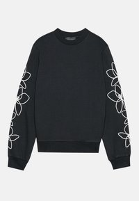 Svart sweatshirt med vit blomsterbroderi längs ärmarna. Har rund halsringning, ribbade muddar och en avslappnad passform. Mjuk textur.