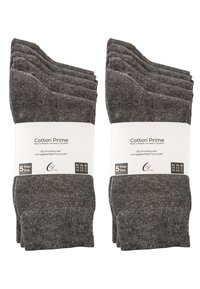 Fünf Paare graue Baumwollsocken, ordentlich gefaltet. Jedes Paar verfügt über eine glatte Textur und eine verstärkte Ferse, verpackt mit einem Etikett, das die Größen angibt.