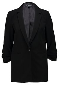 Černý blazer s dlouhými rukávy, štíhlými klopami, zapínáním na jeden knoflík a dvěma předními kapsami. Hladká textura a přizpůsobený design.
