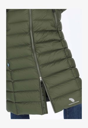 Olive green puffer coat with quilted design, front zipper closure, and "PREMIUM DOWN" logo. Material appears smooth and slightly shiny.