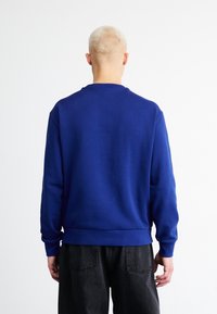 Blue sweatshirt made of soft fabric, featuring a round neck, long sleeves, and ribbed cuffs. Worn with dark, loose-fitting pants.