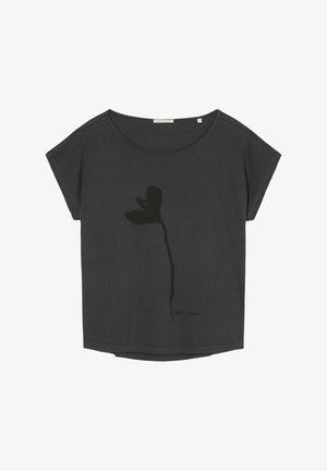 Grijs katoenen T-shirt met korte mouwen, een ronde hals, met een zwart bloemmotief en het "Marc O'Polo"-logo linksonder.