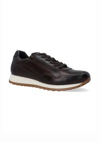 Braune Leder-Sneaker mit Schnürdesign und seitlichem Reißverschluss. Strukturierter Oberstoff und Gummisohle mit einer kontrastierenden weißen Zwischensohle.