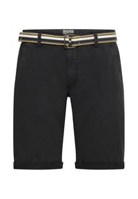 Black cotton shorts with rolled cuffs, featuring a multicolored woven belt. Solid color and smooth texture, designed for casual wear.