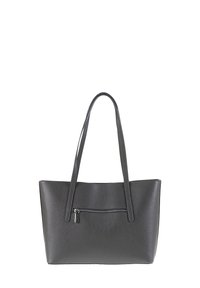 Borsa tote in pelle grigia con due manici lunghi e una tasca frontale con zip. Texture liscia e design minimalista.