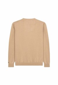 Beiger Pullover mit langen Ärmeln, gerippten Bündchen und Saum, mit einem rechteckigen Patches auf dem Rücken. Weiche, gestrickte Textur.