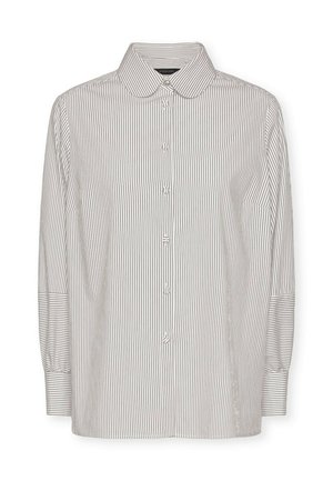 Blusa a righe con maniche lunghe, chiusura con bottoni frontale e colletto classico. Realizzata in tessuto leggero con strisce orizzontali e verticali a contrasto.