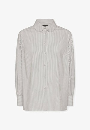 Bluzka w paski z długimi rękawami, zapięcie na guziki z przodu oraz klasyczny kołnierzyk. Wykonana z lekkiego materiału z kontrastującymi poziomymi i pionowymi paskami.