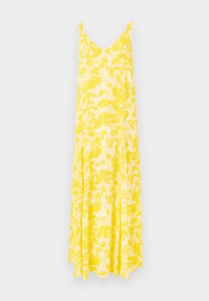 Rumena cvetna maksi obleka z V-izrezom in tankimi naramnicami, ki se ponaša s tekočo silhueto in lahkotnim materialom, idealna za tople dni.