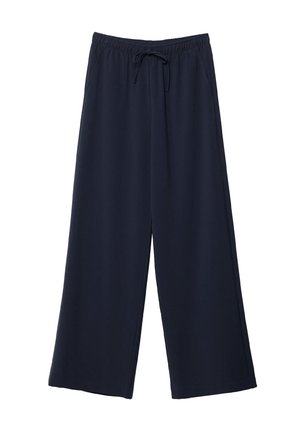 Pantalon large bleu marine avec une taille élastique et un cordon de serrage. Confectionné en tissu doux et léger avec une texture lisse.