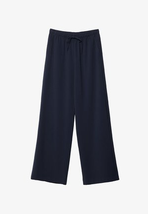 Pantalon large bleu marine avec une taille élastique et un cordon de serrage. Confectionné en tissu doux et léger avec une texture lisse.