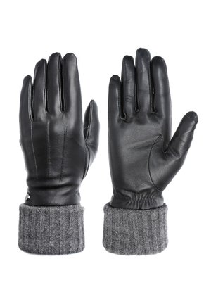Black leather gloves with a ribbed gray knitted cuff. Features include a smooth surface, fitted design, and elastic gathering at the wrist.