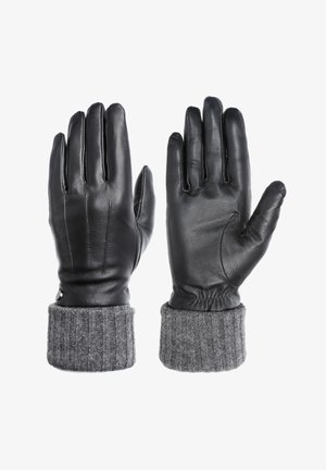 Sort læderhandsker med en ribbet grå strikket manchet. Funktioner inkluderer en glat overflade, tætsiddende design og elastisk samling ved håndleddet.