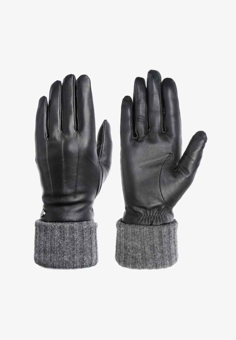 Schwarze Lederhandschuhe mit einem gerippten grauen Strickbündchen. Merkmale sind eine glatte Oberfläche, eine passgenaue Form und elastische Raffung am Handgelenk.