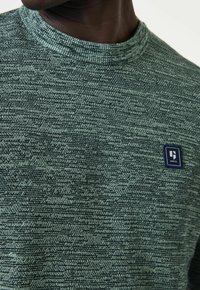 Groene gebreide trui met een textuurpatroon en een ribgebreide hals. Bevat een klein blauw merkembleem aan de linkerkant.