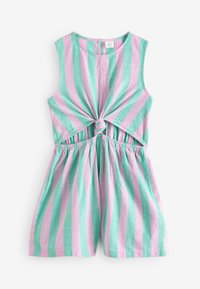 Robe rayée avec un design à l'avant noué, fabriquée en tissu léger avec des rayures verticales vert menthe et rose pastel. Taille élastique.
